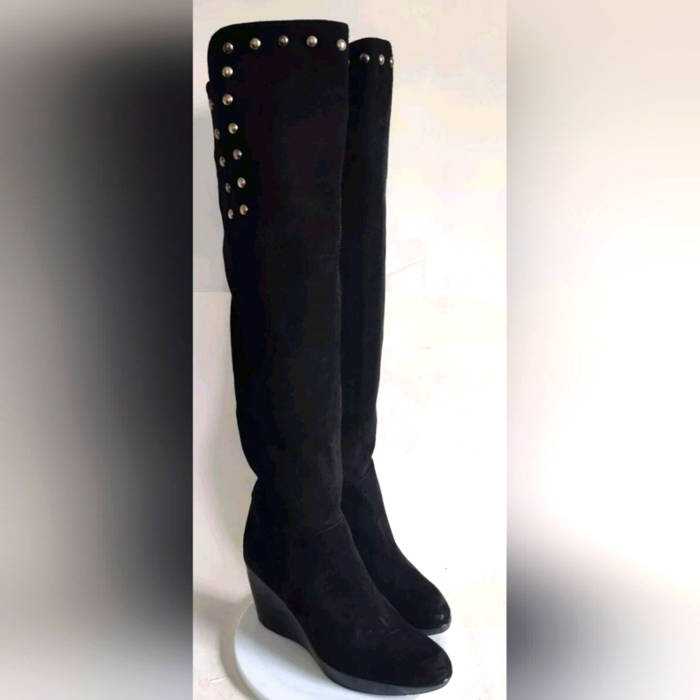 Stuart Weitzman Saratoga Over The Knee OTK Black Suede Studded Boots 7